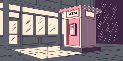 A vintage red telephone booth stands alone on a quiet street corner in a modern city. Vector © MST CHIN BANU BEGUM