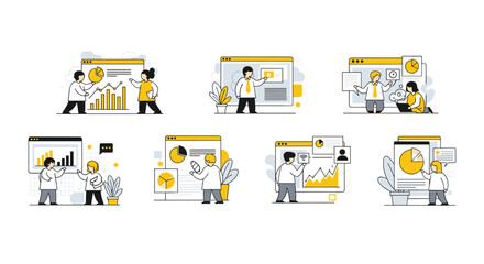 A vector graphic illustration of people working on computers in a modern office setting