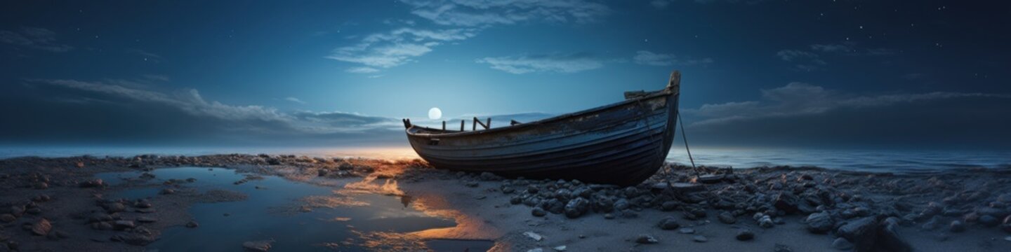 Moonlit shipwreck on a serene beach with stars above and calm water reflecting the night sky
