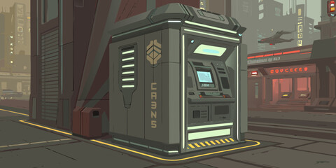 A futuristic vending machine stands alone in a dimly lit alleyway, casting an eerie glow. Vector © MST CHIN BANU BEGUM