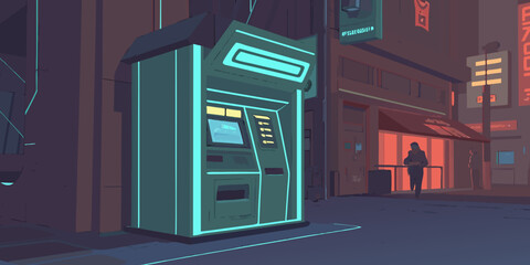 A futuristic green atm machine stands on a city street at night. Vector © MST CHIN BANU BEGUM
