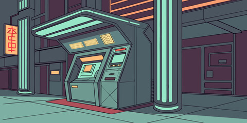 A retro-futuristic atm machine stands in a dimly lit, neon-lit alleyway. Vector © MST CHIN BANU BEGUM