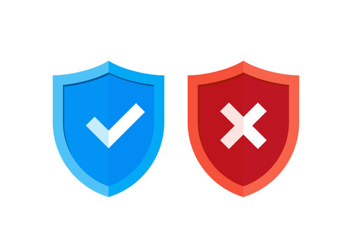 Security Shield Icons with Check and Cross Symbols stock illustration.