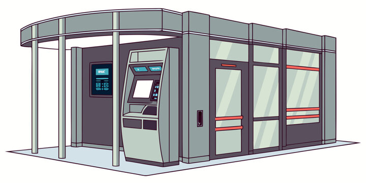 A modern bank building with an automatic teller machine and a sign on the wall Vector