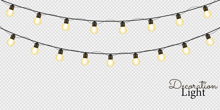 Warm glowing decorative hanging string lights with yellow bulbs on transparent background festive party design