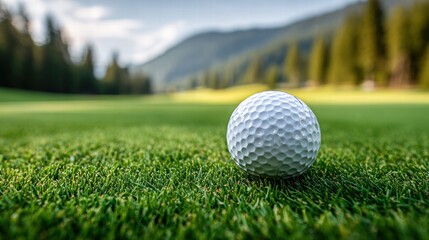 Obraz premium Golf ball on green grass with a blurred background of trees and mountains.