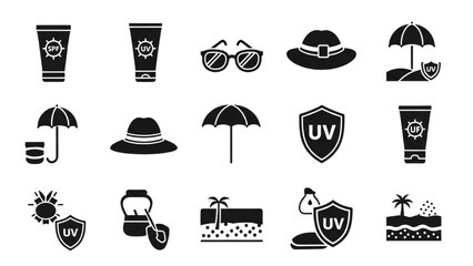 Summer Vacation Icon Sheet Featuring Sunscreen, Sunglasses, Hats, Umbrellas, and Beach Vector Elements © Icon Master PNG