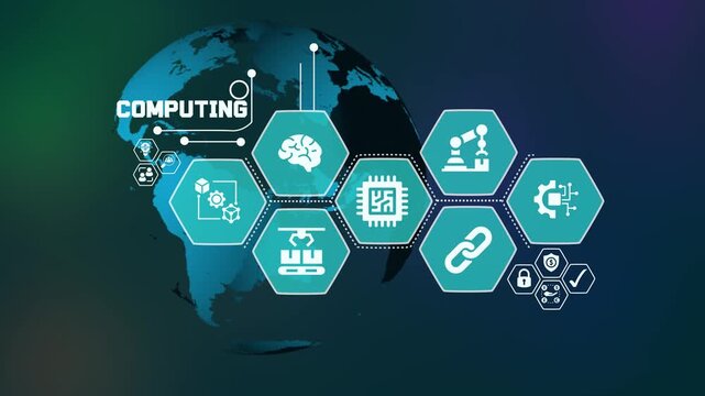 Advanced computing concept with AI processor chip, cloud infrastructure and digital analytics dashboard.