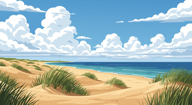 Serene vector illustration of tranquil beach dunes grass turquoise water horizon relaxation illustration