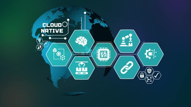 Cloud native architecture concept with scalable microservices, container orchestration and secure network integration.
