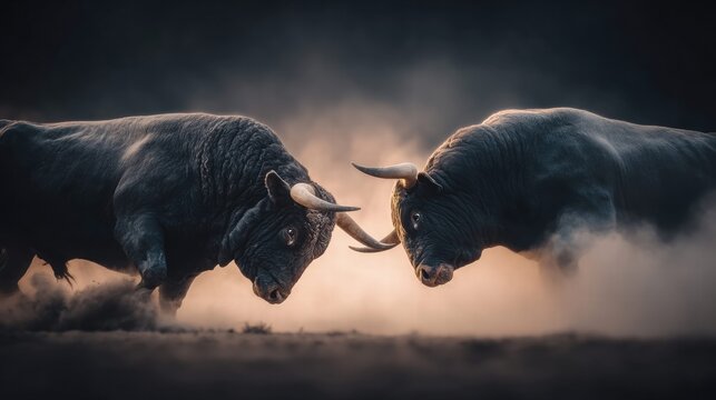 Two powerful bulls locked in a fierce, aggressive battle, horns locked and ready.