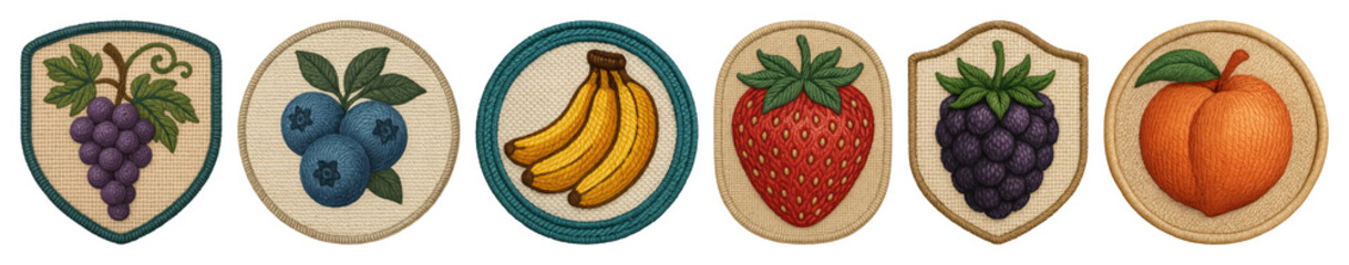 PNG Colorful embroidered fruit patches on transparent background