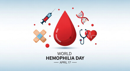 Fototapeta premium World hemophilia day awareness illustration with blood drop syringe band aid dna heart and stethoscope