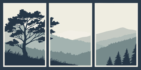 A serene landscape featuring a tree and mountains in a triptych format Vector © MST CHIN BANU BEGUM