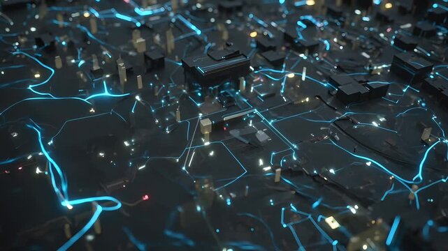 Futuristic digital city circuit board, 3D abstract cyber map with glowing blue data lines, high-tech motherboard landscape for network infrastructure