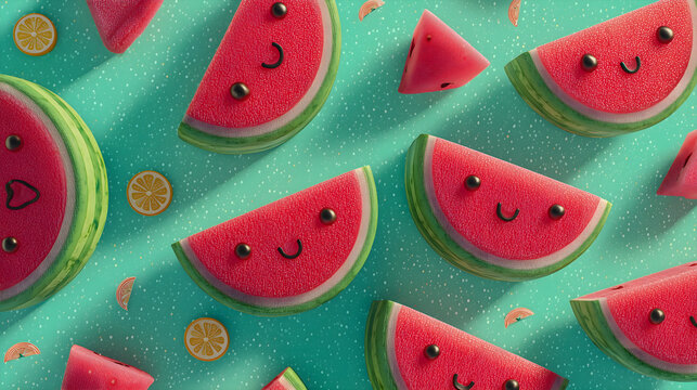 Sweet Watermelon Candy Slices with Happy Faces on Teal Glitter Background