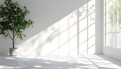 Obraz premium Bright room interior with a potted tree and sunlight from a large window
