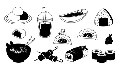 Cute Asian Food Doodle Clipart Set with Bubble Tea Pho and Sushi Flat Cartoon Vector Isolated on White © MstMonisha