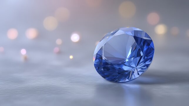 A large round blue sapphire gemstone on a light surface with blurry bokeh lights