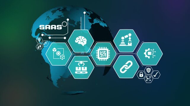 SaaS cloud computing concept with digital platform integration, secure network and analytics dashboard.