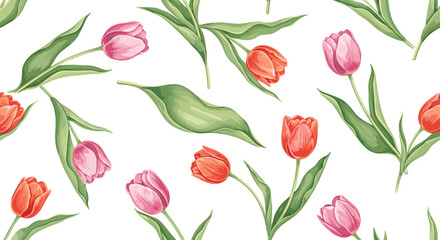 Seamless Pattern with Red and Pink Tulip Flowers and Green Leaves on White Background for Spring Textiles Wallpapers and Gift Wrapping Paper Design