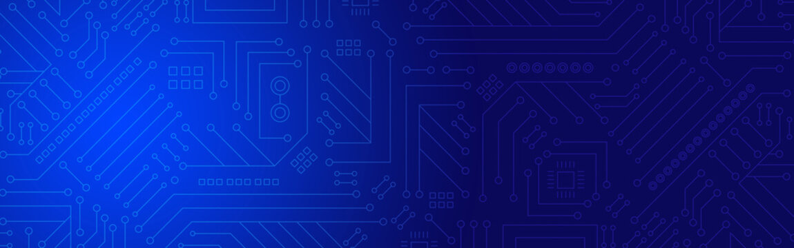 High-tech digital circuit board illustration featuring light blue schematic lines nodes and microchip patterns over sleek dark blue gradient background