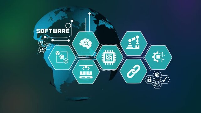 Software development concept with global digital dashboard and advanced technology network.