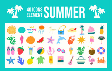 Fototapeta premium Summer icon collection featuring beach and tropical elements. Vector illustration