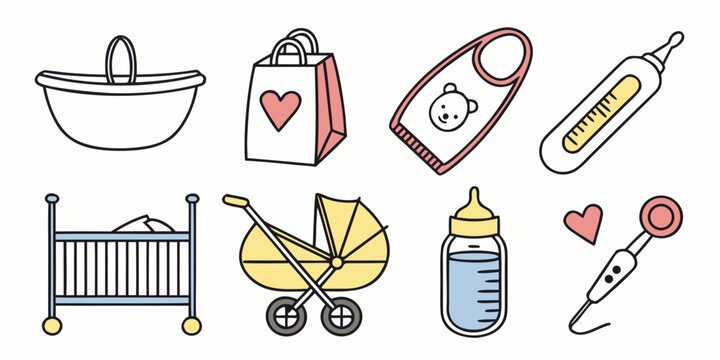 Assorted baby items including a crib, stroller, and various baby products. Vector