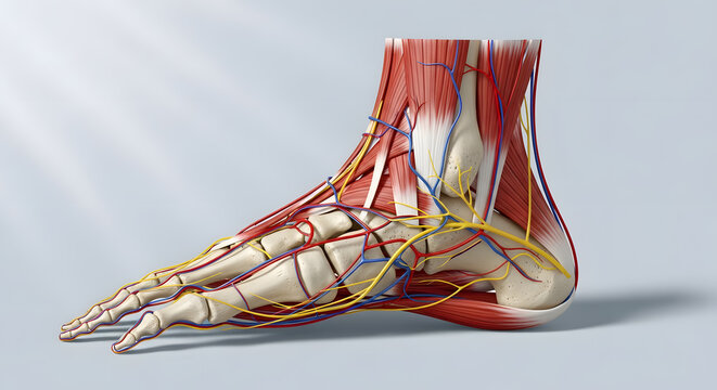 Detailed human foot anatomy displaying bones, muscles, blood vessels, and nerve structures for medical education