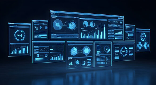 Futuristic digital screens displaying intricate data analysis dashboards, financial statistics, and global network performance indicators in a dynamic technological interface