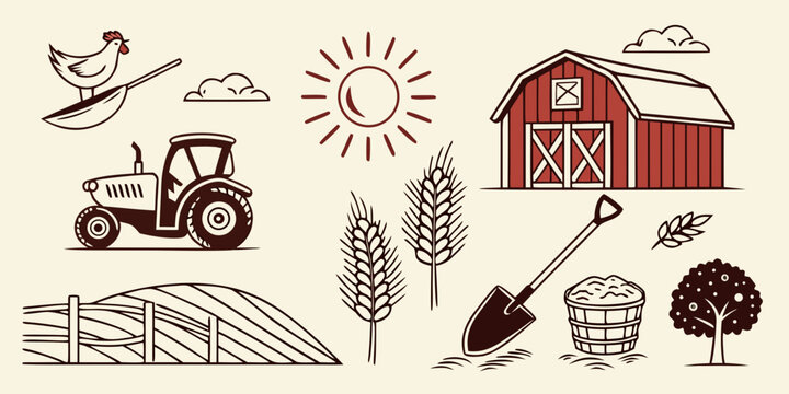 Agricultural scene featuring farming tools and a red barn with a silo Vector