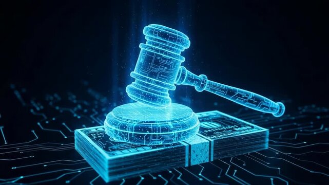 Digital Gavel Strikes Stack Of Dollar Bills Legal Action In Financial Context With Circuit Board Design In The Background For Legal Tech Visualizations