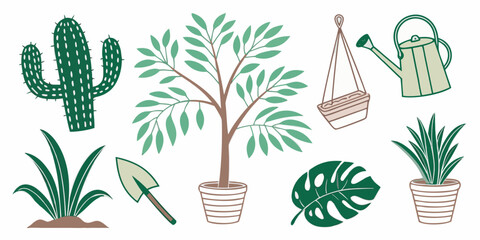 A vibrant illustration of various potted plants and cacti arranged in a garden setting Vector © RABBY
