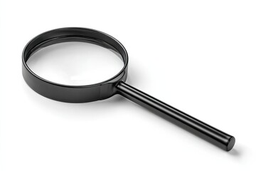 A black handled magnifying glass with a clear lens rests on a white surface