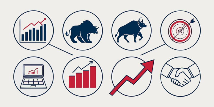 Icons representing various aspects of business and finance, including growth and success Vector