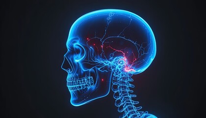 X-ray view of human skull with glowing blue skeleton and red pain points
