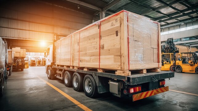 Truck loaded with large wooden crate in a warehouse