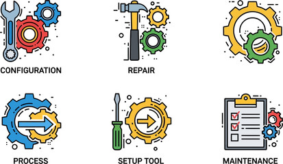 Fototapeta premium Collection of six flat line icons depicting various industrial and technical processes such as configuration, repair, setup, and maintenance with tools and gears.