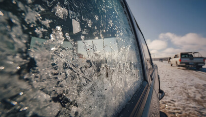 Breaking Ice On Car Door Window Revealing Truck In Distance