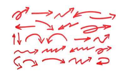 Red Hand Drawn Arrows Collection. Hand drawn pencil marker doodle arrow set brush line, curved...