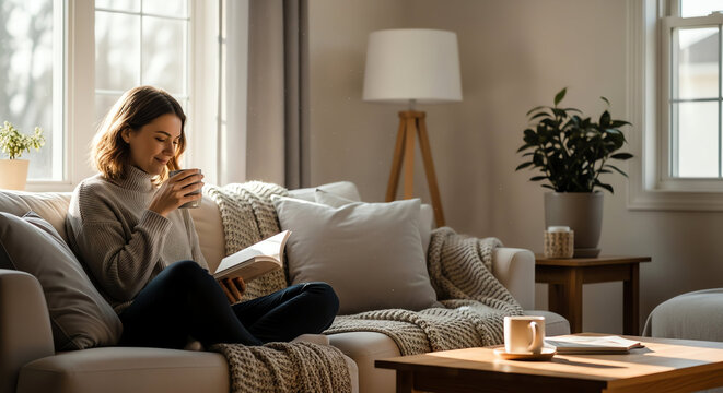 Cozy Living Room Scene with Woman Reading and Natural Light.