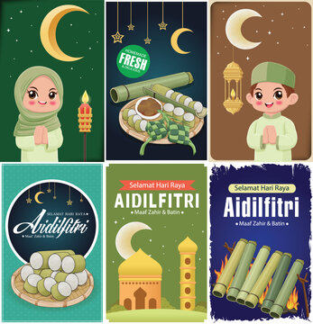 Hari Raya Aidilfitri background design with ketupat, lemang. Malay means Fasting day celebration, I seek forgiveness, physically and spiritually.