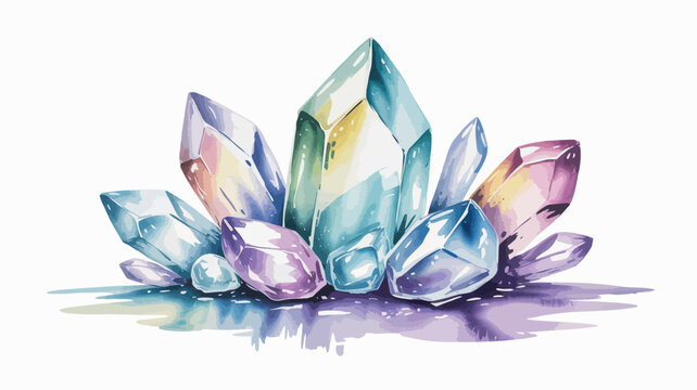 Watercolor painting of a cluster of colorful translucent crystals