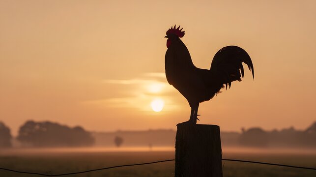 Majestic rooster silhouette sunrise rural scene peaceful countryside morning golden light farm landscape serene vista