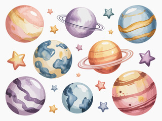 Watercolor planets and stars collection for space exploration and astronomy © MdRiyad