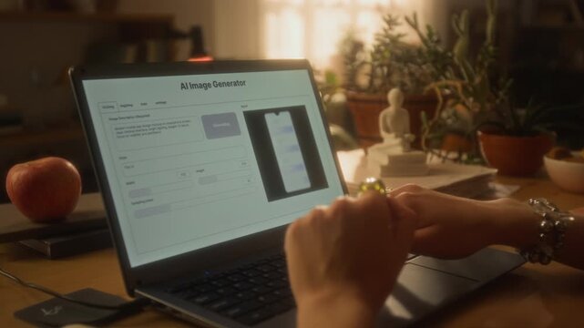 Close up shot of laptop with AI image generator on screen and unrecognizable woman creating UI design for mobile app, with female hands typing on keyboard