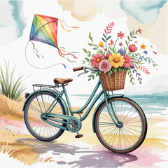Fototapeta premium Watercolor painting of a bicycle with a flower basket and kite on the beach