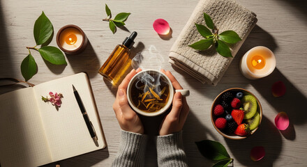 Relaxing spa scene with candles, herbal tea, and wellness accessories for relaxation and self-care.