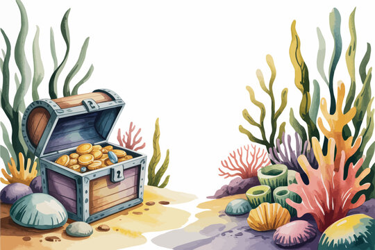 Open treasure chest filled with gold coins underwater surrounded by coral and seaweed